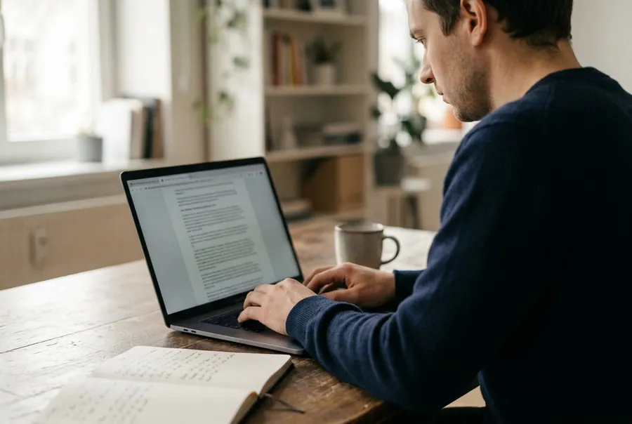 Person bearbeitet konzentriert einen Fachartikel am Laptop