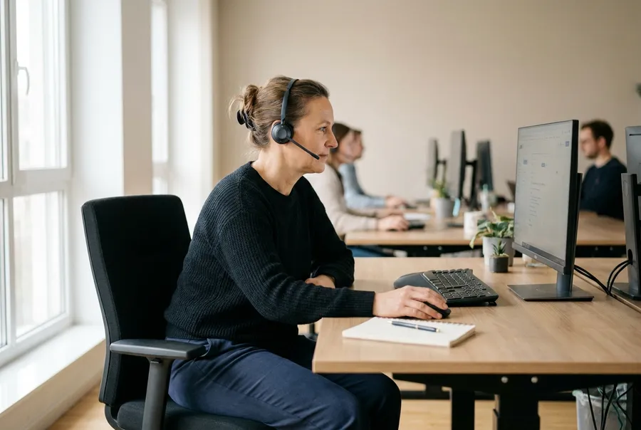 Service-Mitarbeiterin mit Headset bei der Arbeit am Schreibtisch